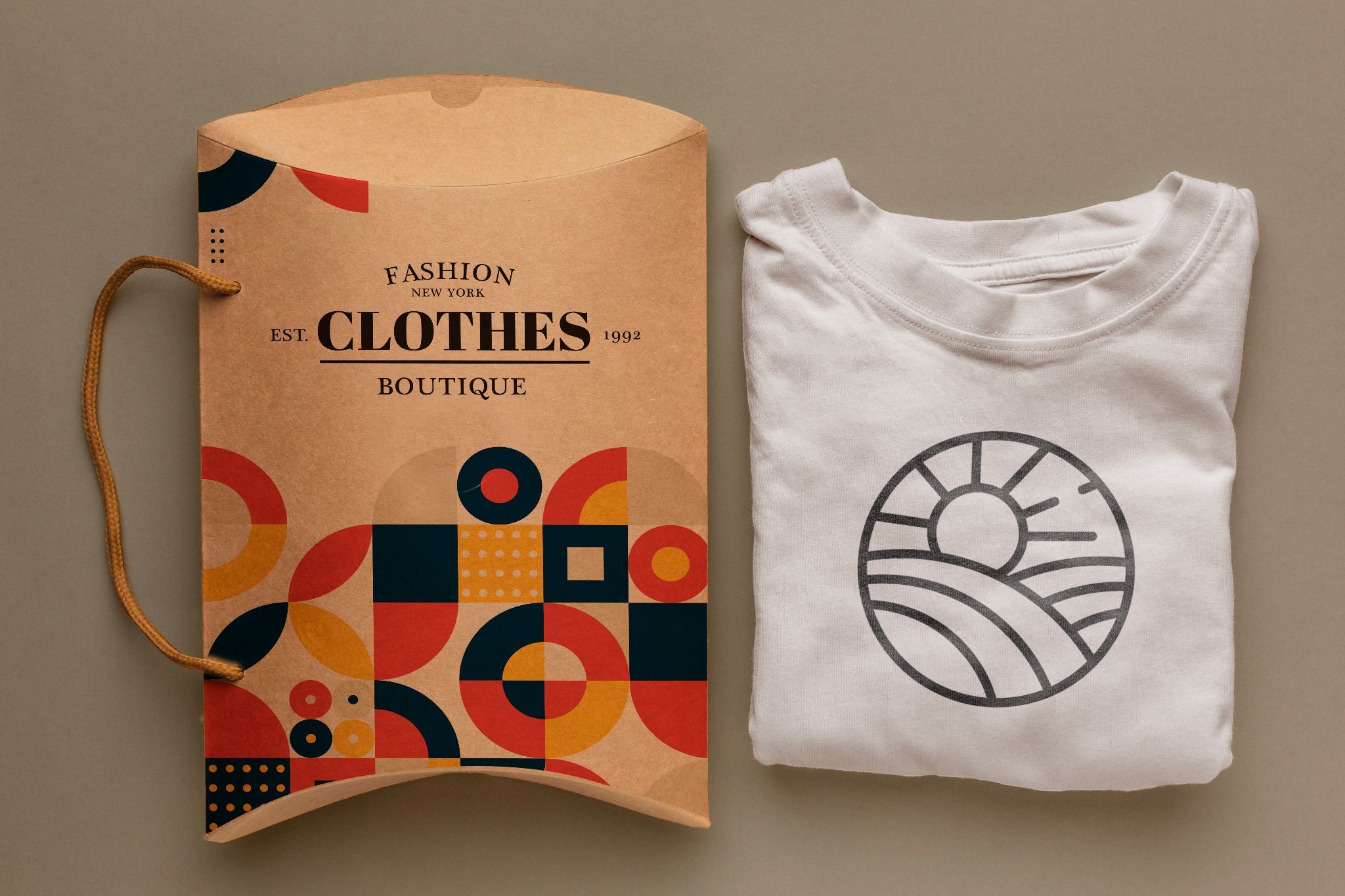 Custom apparel kraft pillow box featuring colorful print and boutique branding, displayed next to a neatly folded white t-shirt